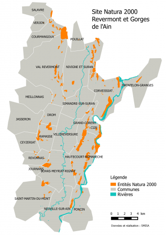 Carte du site Natura 2000 Revermont et gorges de l'Ain